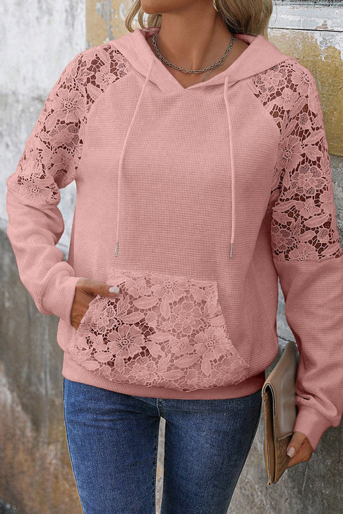 Waffle Knit Lace Patchwork Raglan Drawstring Kangaroo Pocket Hoodie